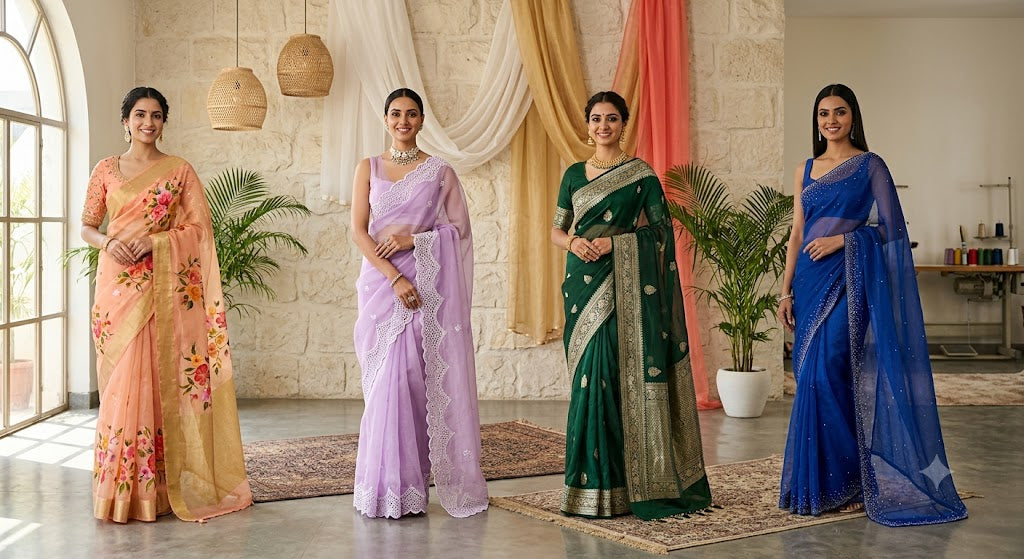 Organza Saree Styling Ideas: How to Wear Organza Sarees for Weddings & Parties