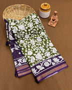 Moss Green Colour Mal Cotton Kalamkari Printed Saree with Contrast Blouse