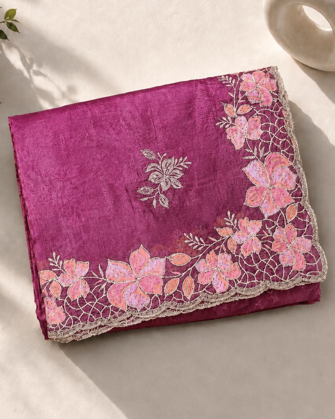 Purple Wine Colour Crunchy Silk Thread Work Saree