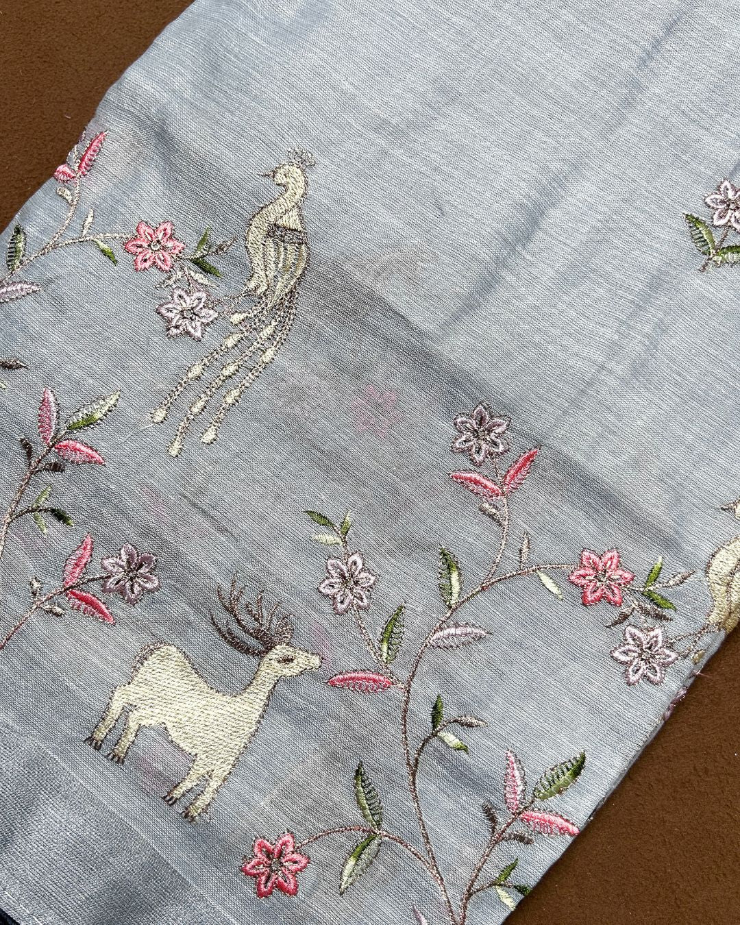 Grey Colour Linen Cotton Thread work Saree