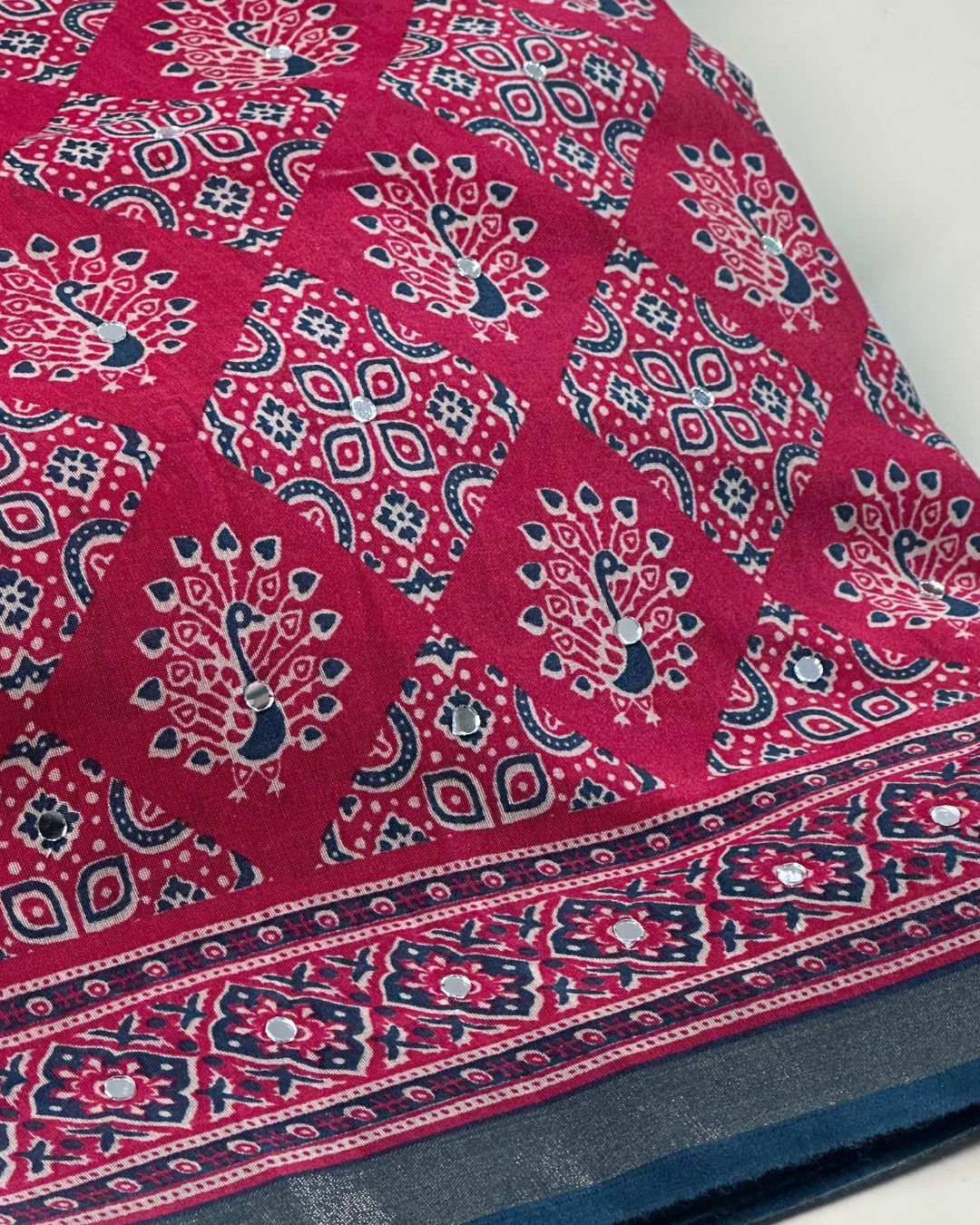 Pink Colour Ajrakh Print Mirror work Saree