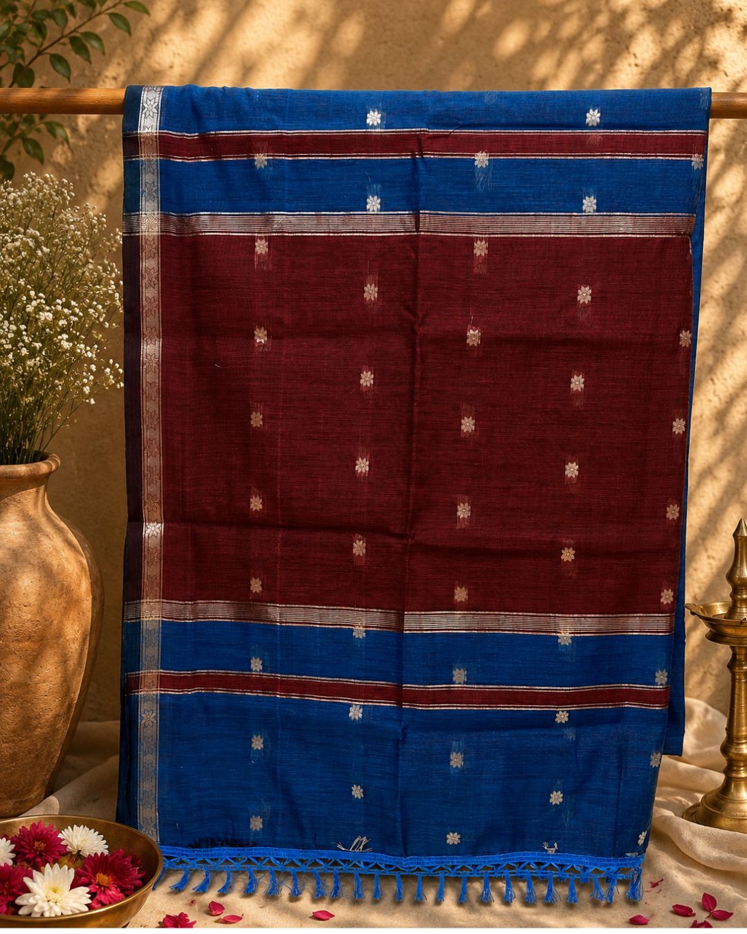 Teal Blue Colour Maheshwari Cotton Saree with Contrast Pallu & Blouse