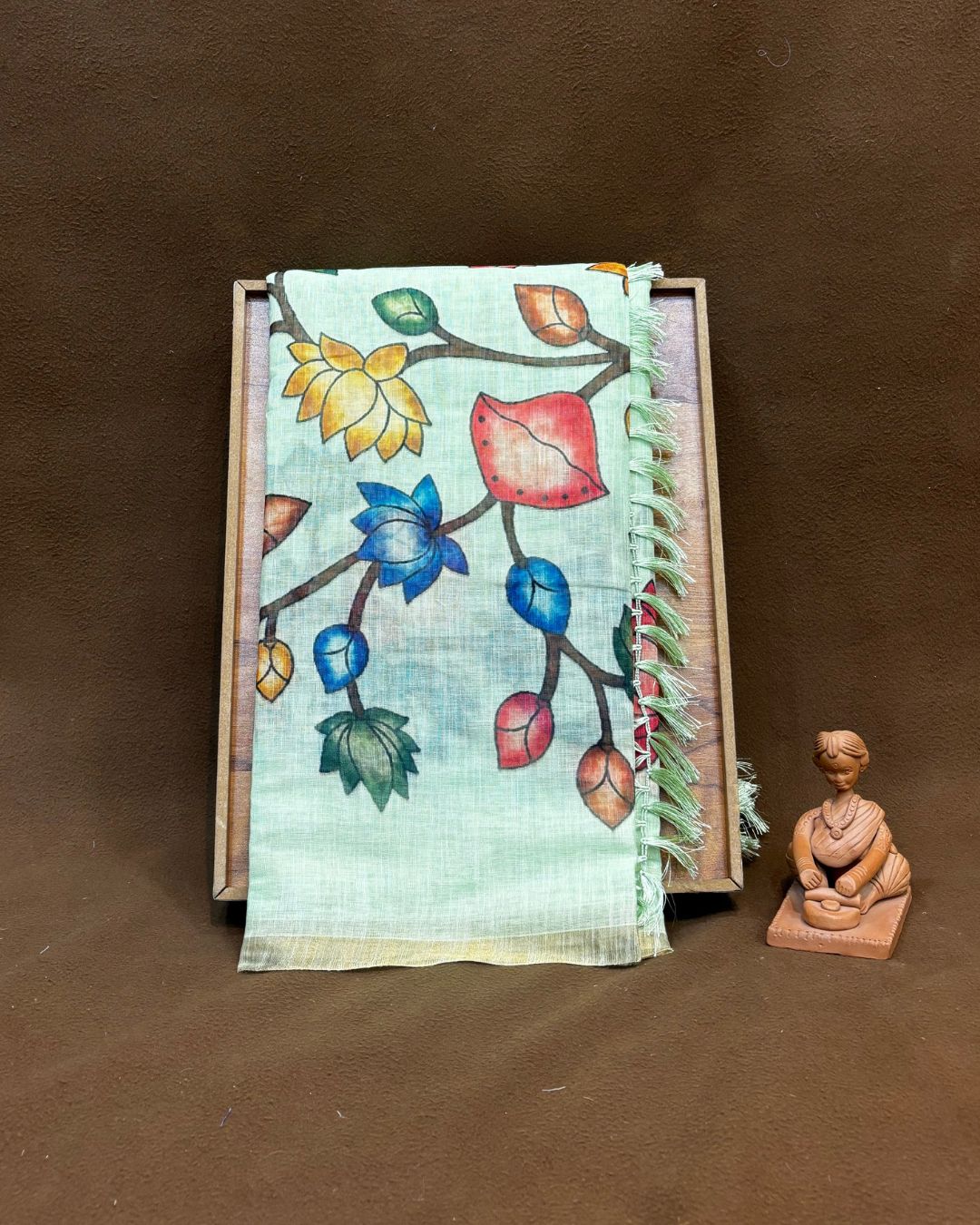 Light parrot green Colour Lotus Flower Print  Linen Cotton Printed Saree