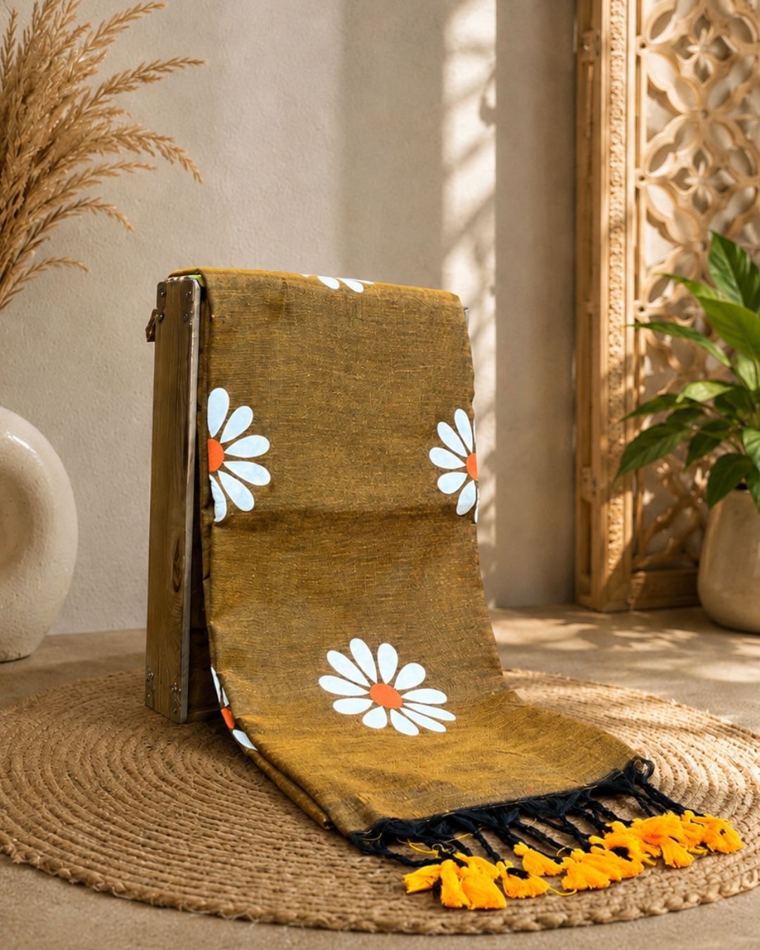 Antique GoldColour Cotton Floral Printed Saree