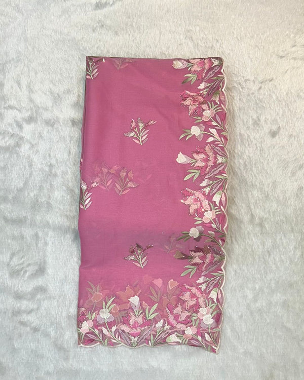 Onion Pink Colour Crunchy Silk Thread Work Saree