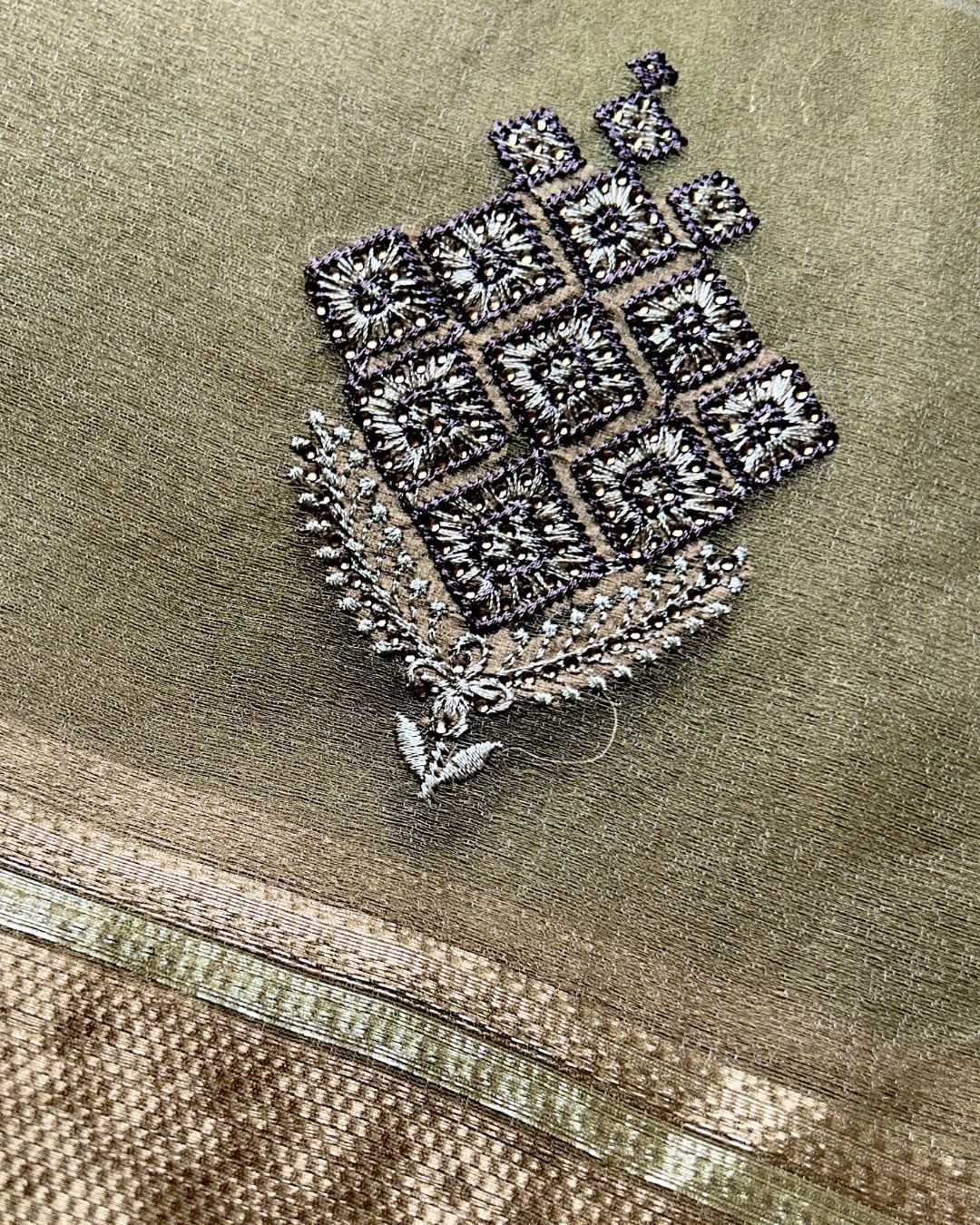 Grey Colour Organza Silk Saree with Golden Zari Border