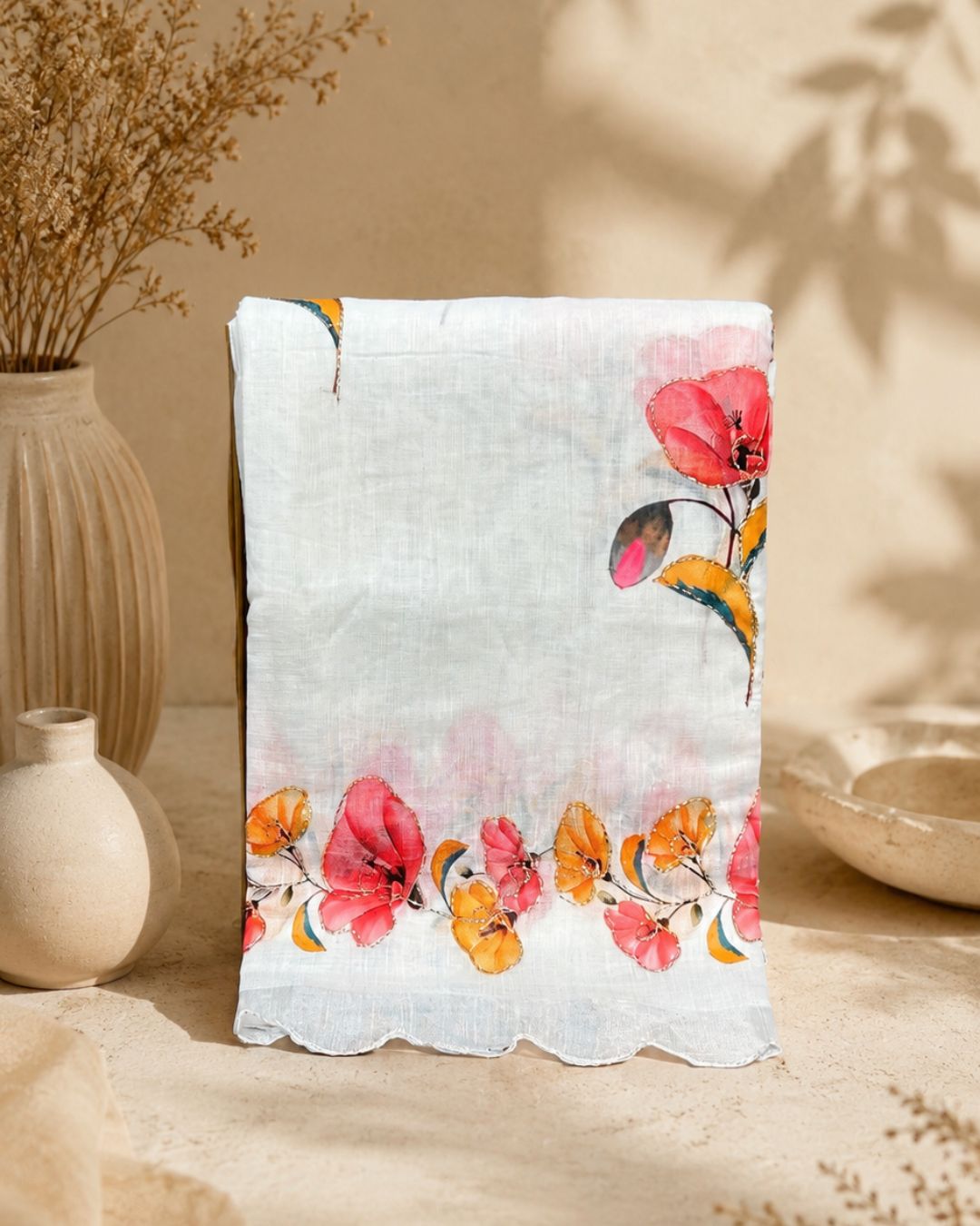 White Colour Linen Cotton Digital Printed Saree