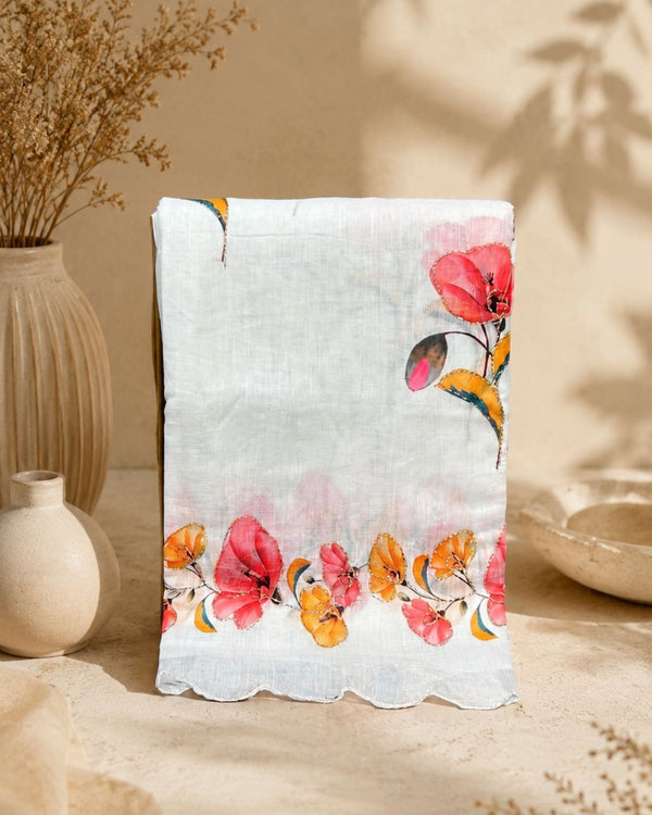 White Colour Linen Cotton Digital Printed Saree
