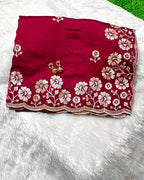 Maroon Colour Vichitra Silk Cut Wok Border Saree