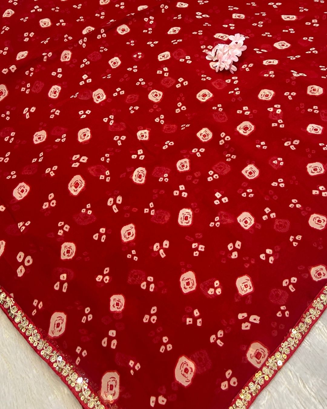 Red Colour Chiffon Batik Print lace Border Saree