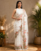 White Colour Linen Floral Cotton Saree