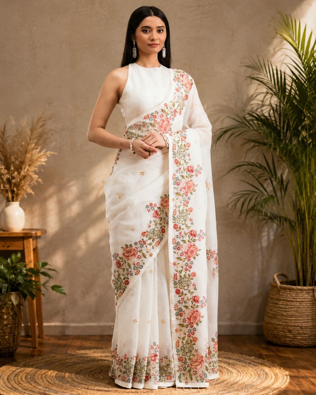 White Colour Linen Floral Cotton Saree