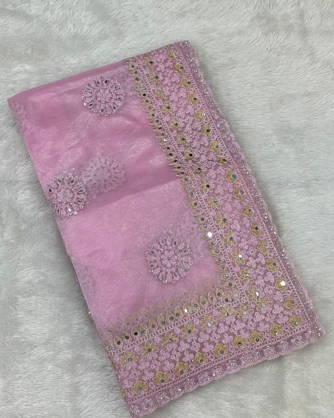 Baby Pink Colour Twill Net Mirror Work Saree