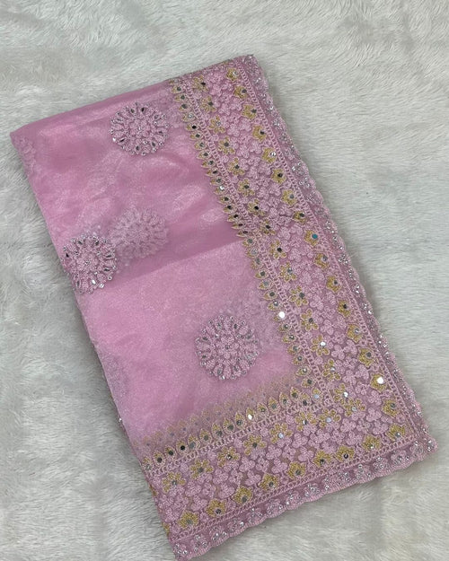 Baby Pink Colour Twill Net Mirror Work Saree