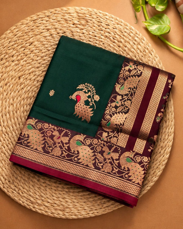 Forest Green Colour Satin Silk Paithani with Meenakari Peacock Butti