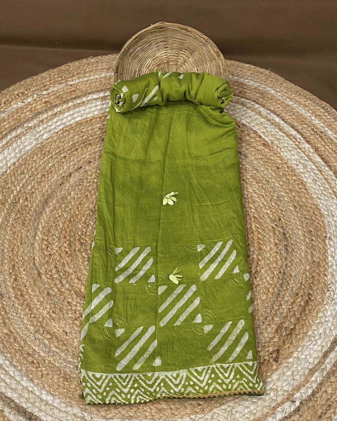 Parrot Green Colour Batik Cotton Saree
