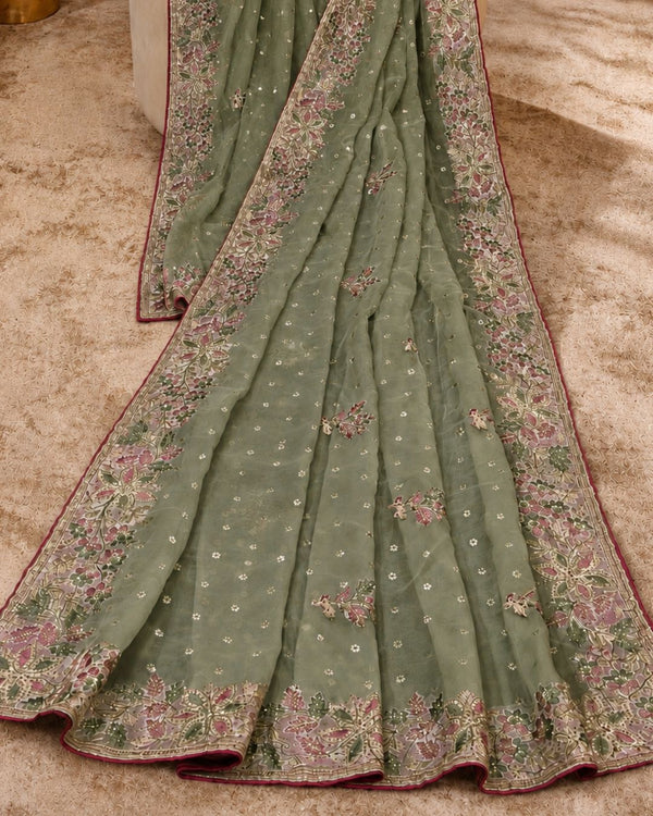 Olive Green Shimmer Georgette Saree with Thread Work