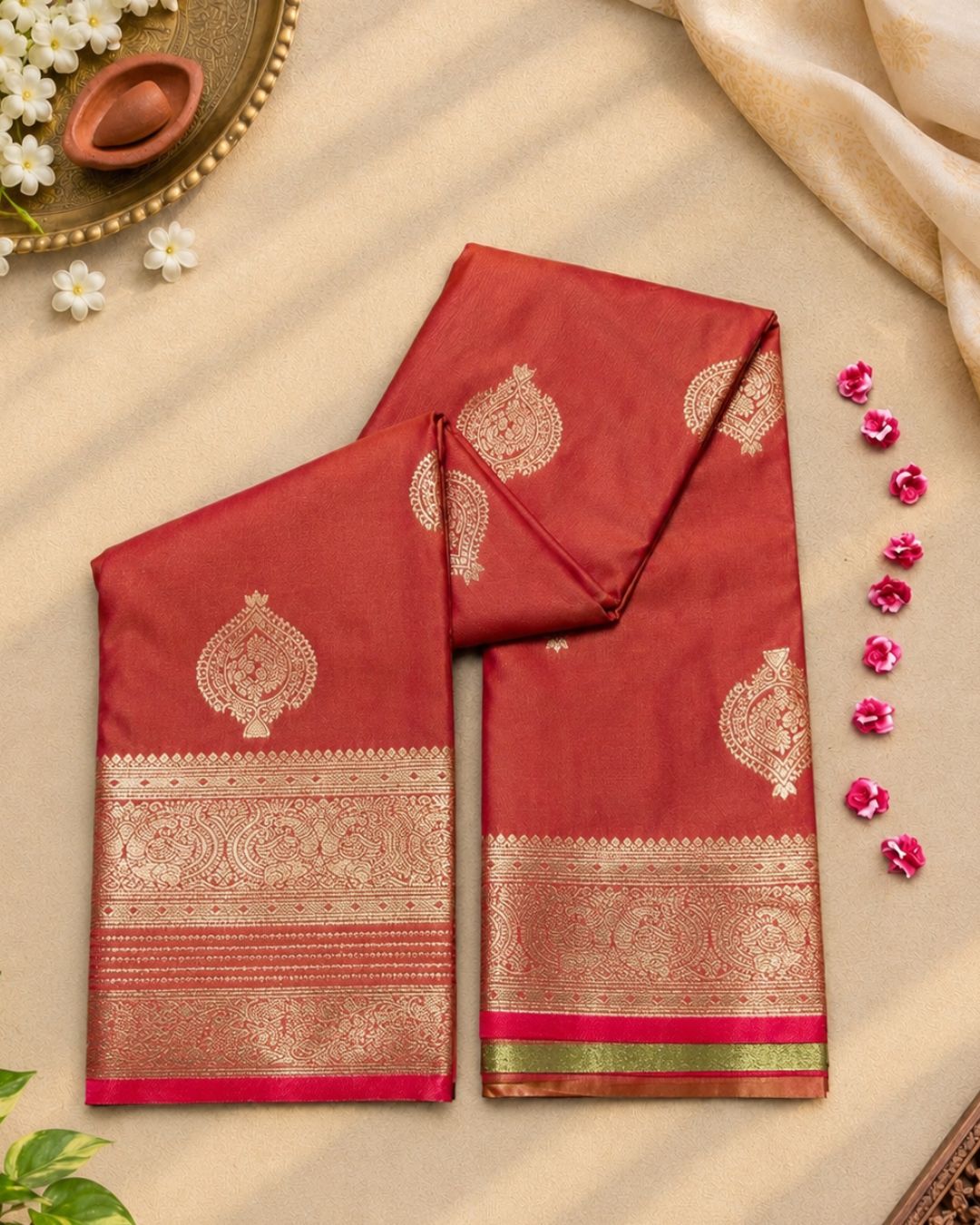 Rust Orange Colour Semi-Silk Saree with Rich Zari Pallu