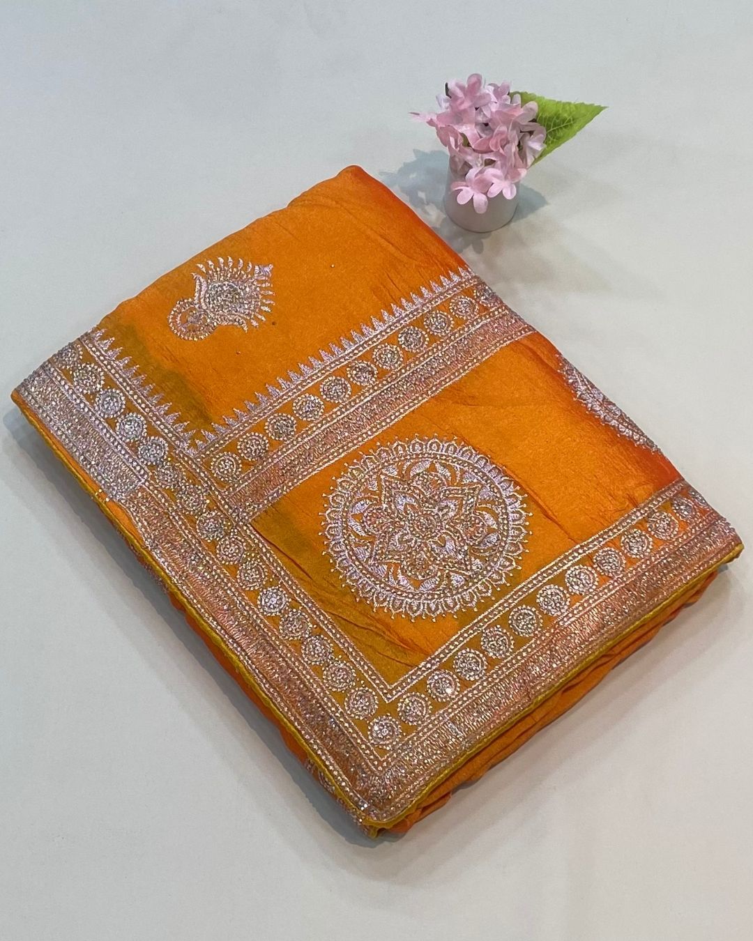 Mango Yellow Colour Vichitra Silk Wok Saree