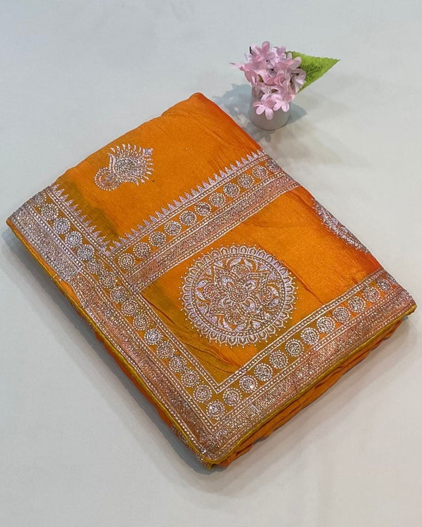 Mango Yellow Colour Vichitra Silk Wok Saree