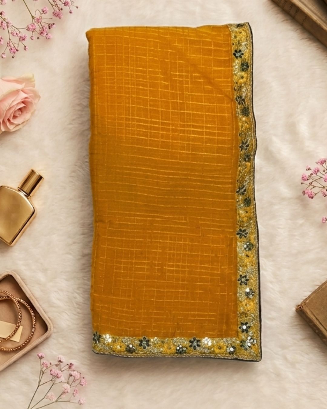 Yellow Colour Chiffon Saree With Contrast Blouse