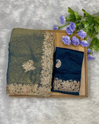 Peacock Blue Colour Shimmer Silk Saree with Contrast Blouse Piece
