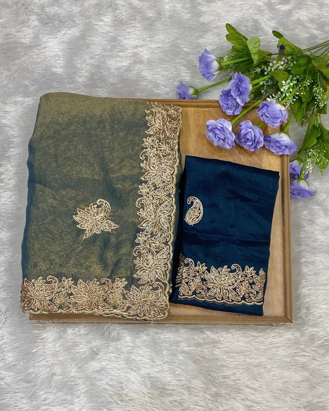 Peacock Blue Colour Shimmer Silk Saree with Contrast Blouse Piece