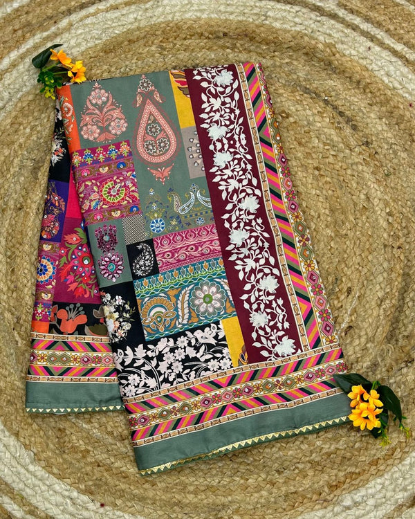 Olive Green Colour Digital Patchwork Printed Saree