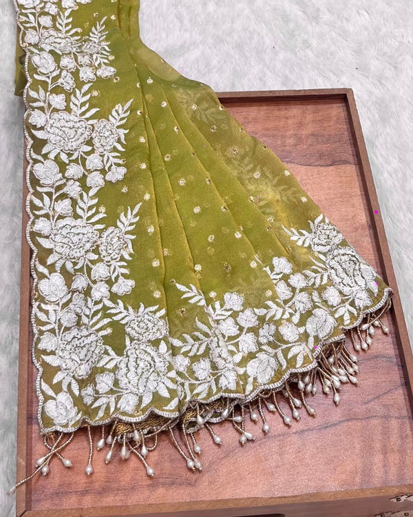 Olive Yellow Colour Shimmer Fandy Saree
