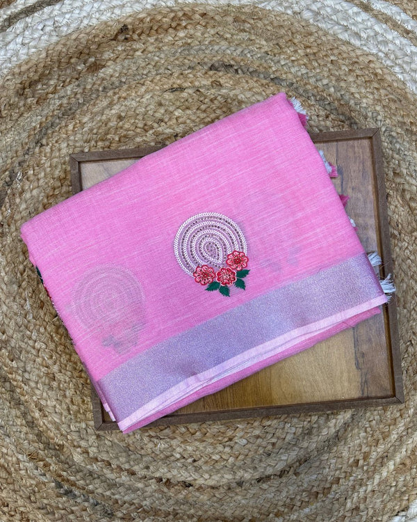 Blush Pink Colour Linen Cotton Saree