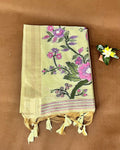 Pista Green  Colour Lotus Flower Thred work Cotton Saree