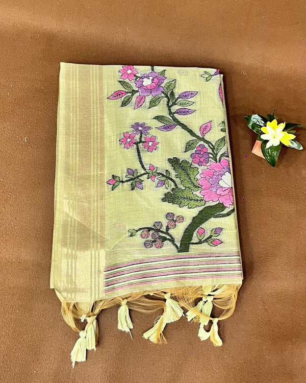 Pista Green  Colour Lotus Flower Thred work Cotton Saree