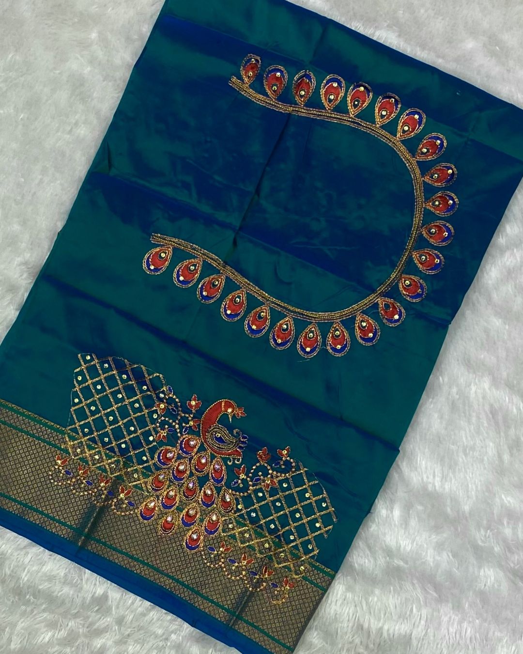 Peacock Blue Colour Kalanjali Paithani with Aari Work Blouse