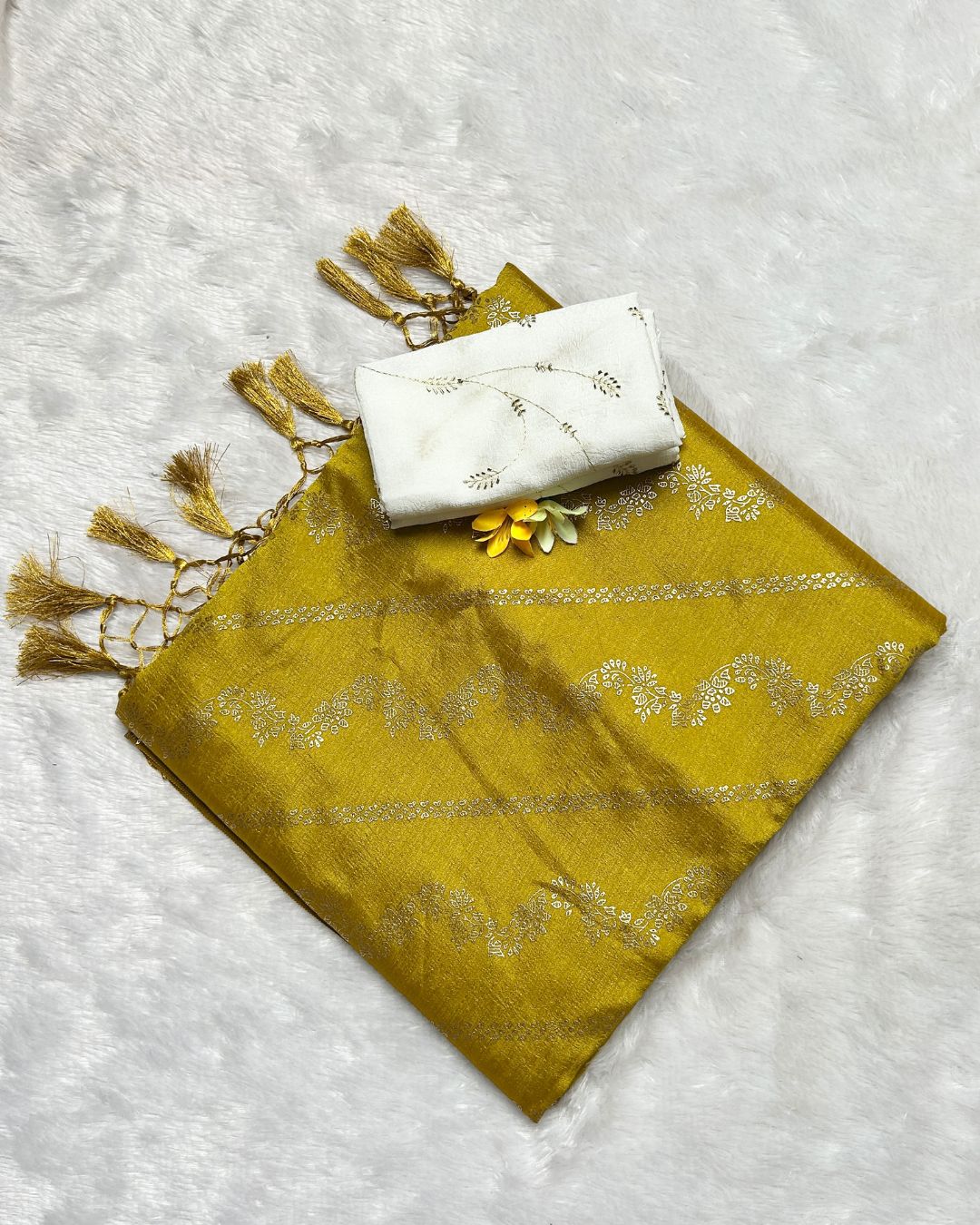 Mustard Yellow Colour Vichitra Silk Foil Print with Contrast Blouse Piece