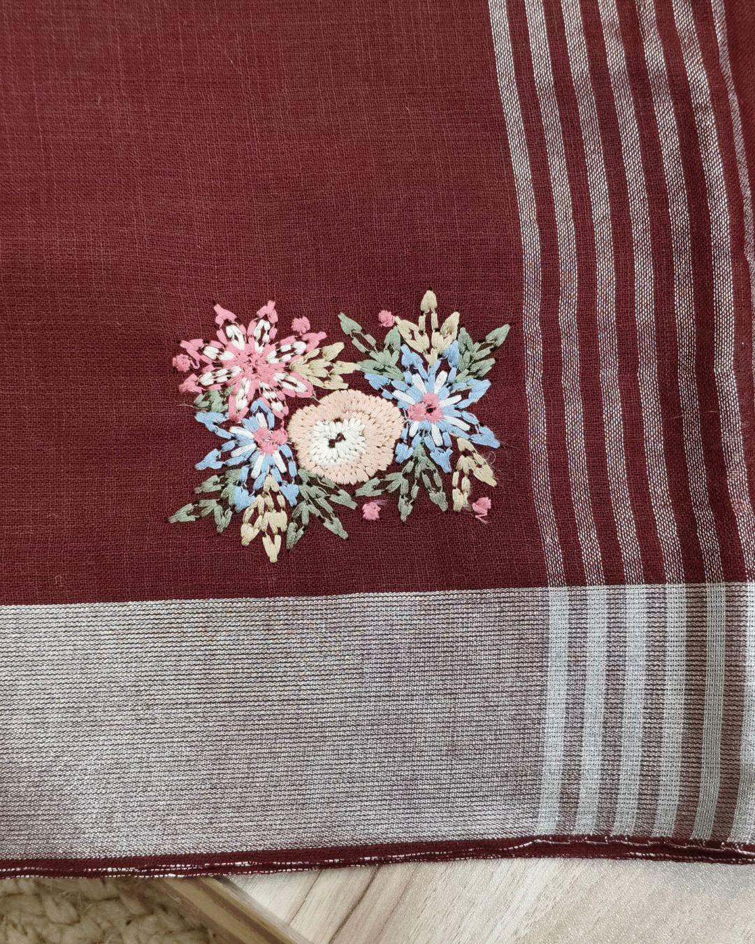 Maroon Colour Jute Cotton Saree