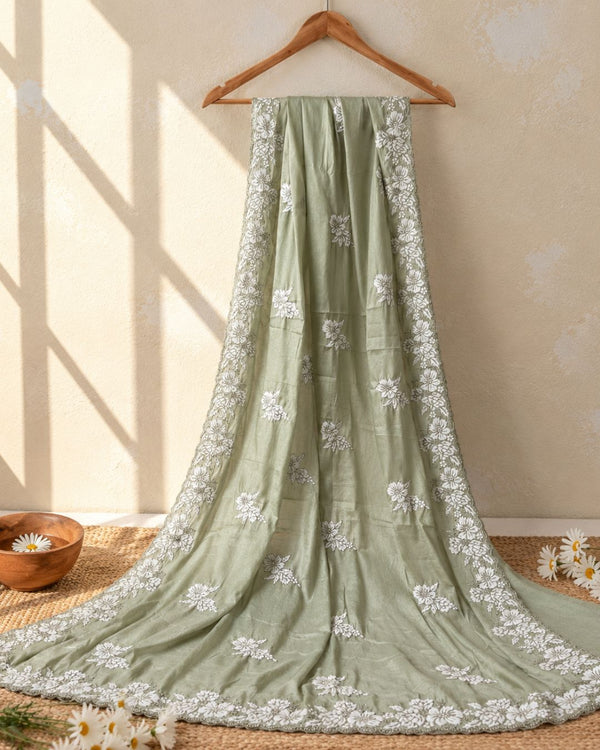 Olive Green Colour Shimmer Saree with Heavy Floral Embroidery Border