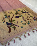 Flamingo Pink Colour  Thread work Cotton Saree