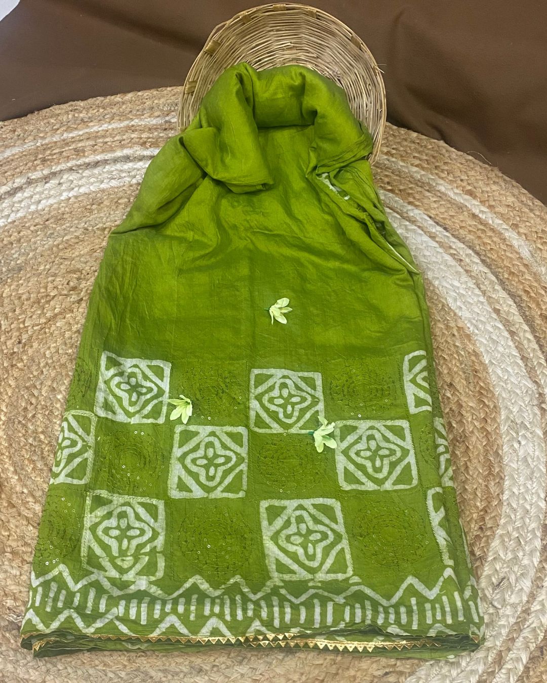 Parrot Green Colour Batik Cotton Saree