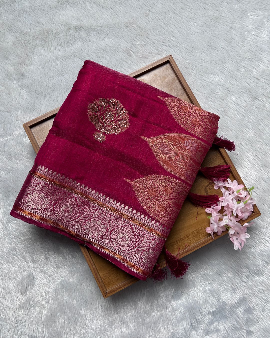Cherry Pink Colour Shimmer Georgette Saree With Swarovski Work