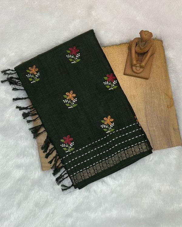 Hunter Green Colour Katha Work Cotton Saree