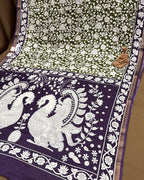 Moss Green Colour Mal Cotton Kalamkari Printed Saree with Contrast Blouse