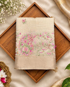 Golden Beige Tissue Cotton Saree with Elegant Pink Floral Thread Embroidery