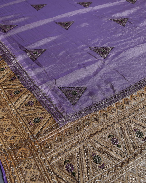 Lavender Colour Shimmer Georgette Dual Shine Wok Border Saree