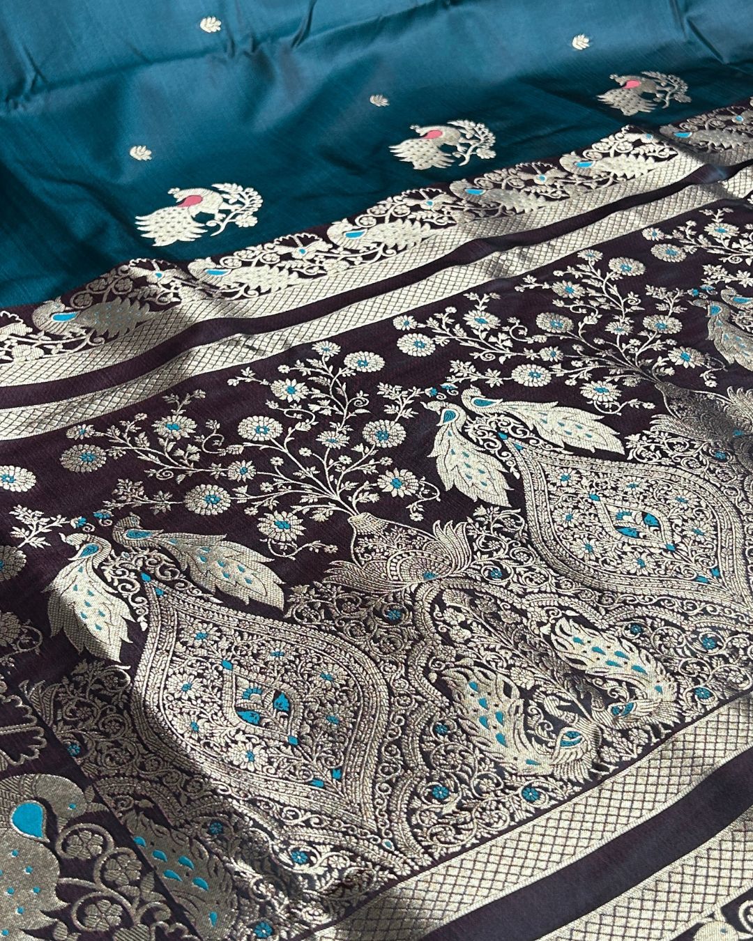 Forest Green Colour Satin Silk Paithani with Meenakari Peacock Butti