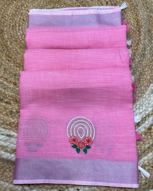 Blush Pink Colour Linen Cotton Saree