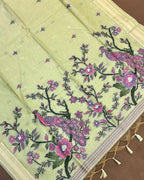 Pista Green  Colour Lotus Flower Thred work Cotton Saree