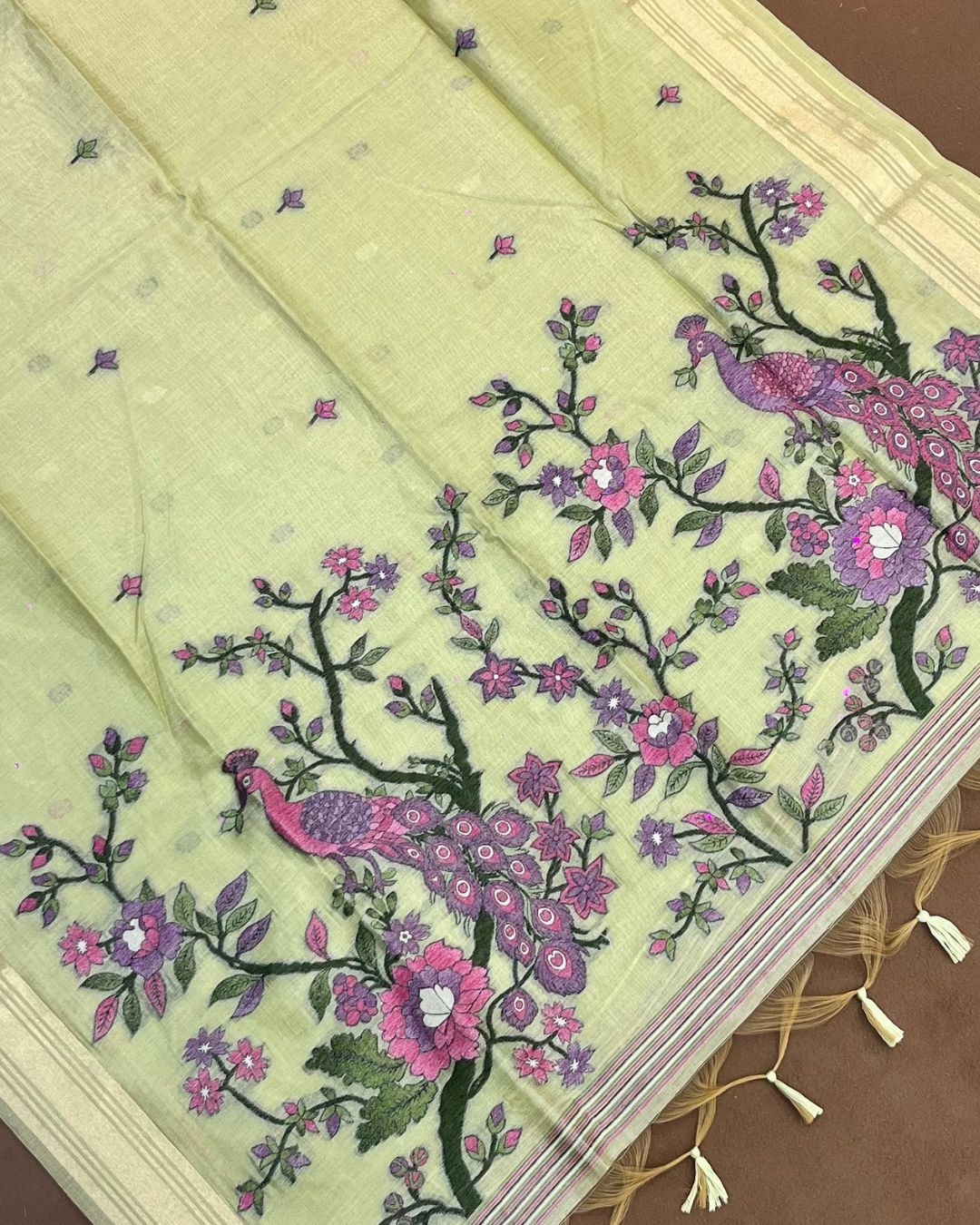 Pista Green  Colour Lotus Flower Thred work Cotton Saree