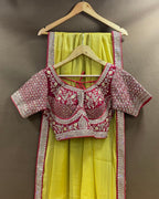 Dusty Yellow Colour Shimmer Georgette Saree with Readymade Blouse