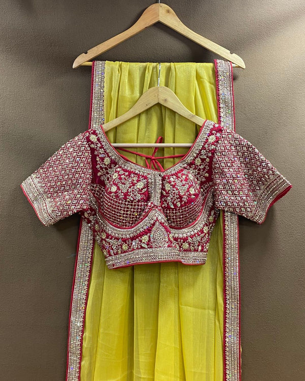 Dusty Yellow Colour Shimmer Georgette Saree with Readymade Blouse