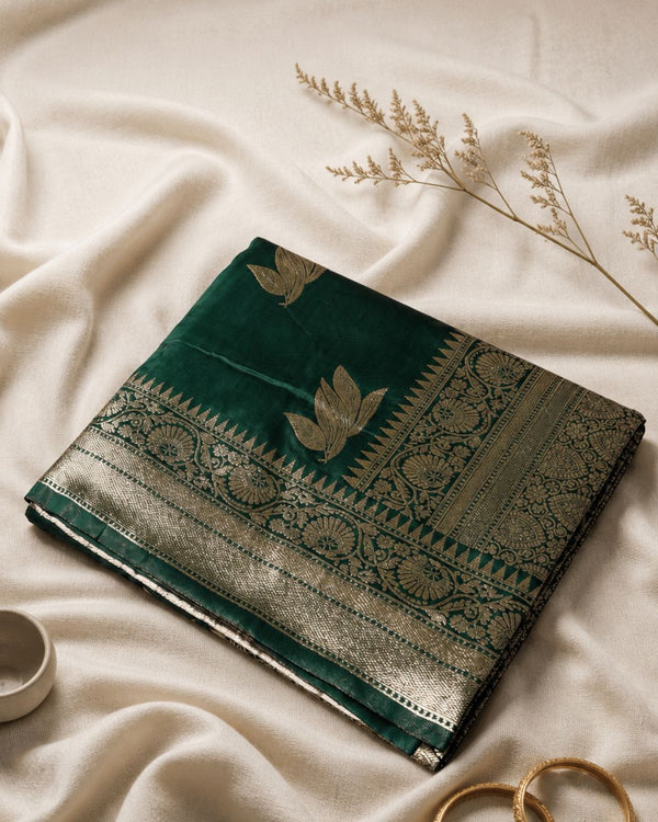 Forest Green Colour Semi Silk Saree with Golden Rich Border